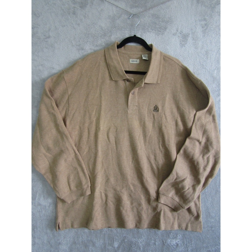 IZOD Long Sleeve Polo Shirt‎ Khaki Tan Mens XXL Embroidered Logo 100% Cotton